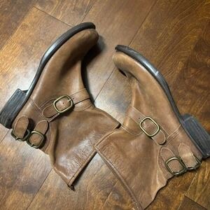 Lucky Brand Women's Brown Leather Moto Buckle Ankle Boots, Western Inspired